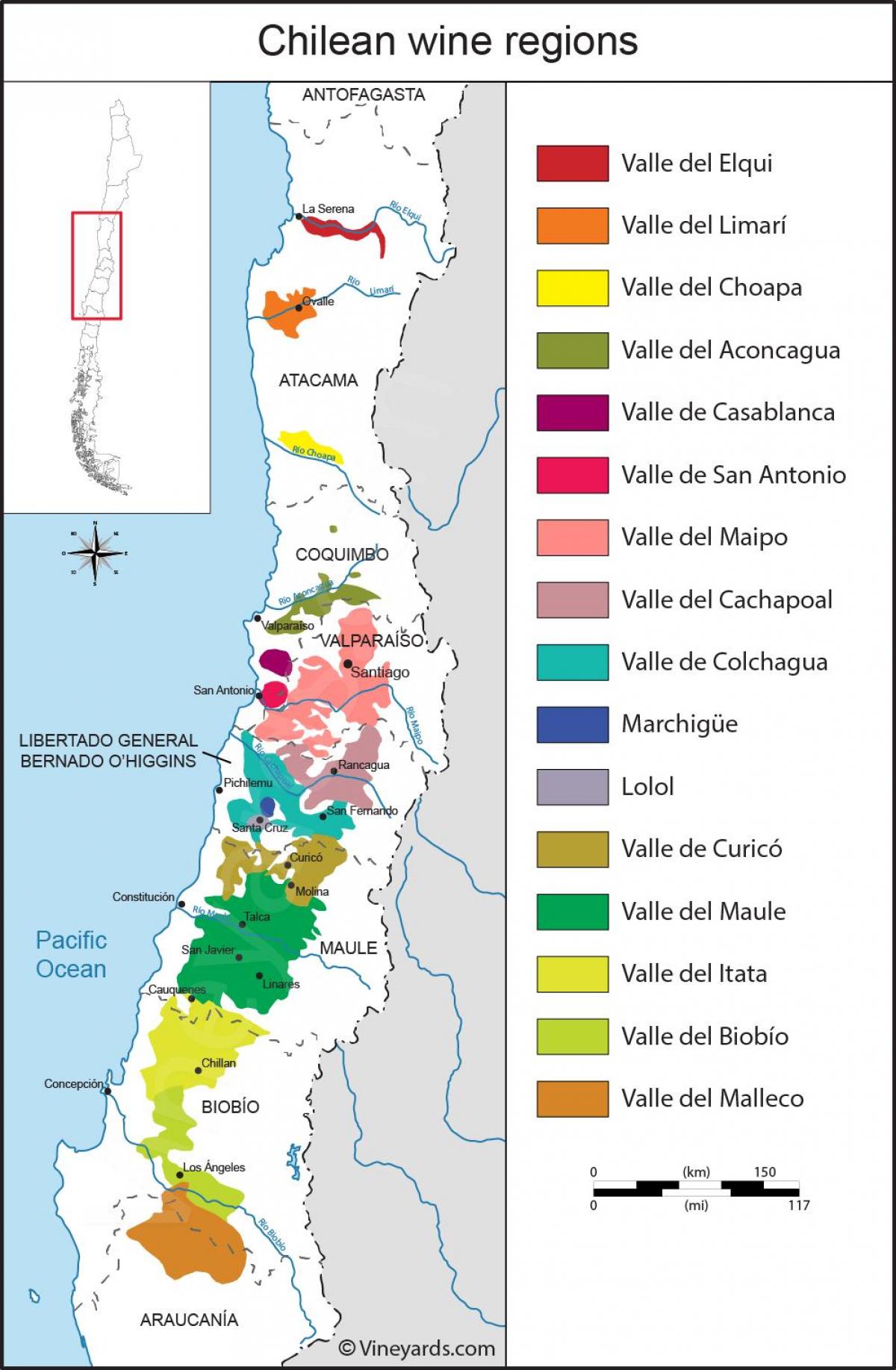 Kaart van Chili wijn regio ' s 
